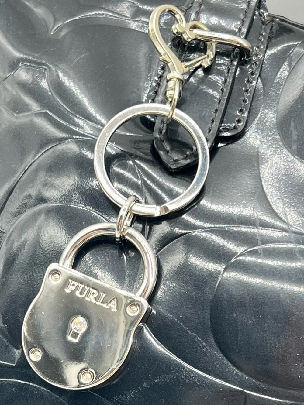 Furla 30th Anniversary 2007 Padlock Crystal Silver Tone Keychain Bag Charm